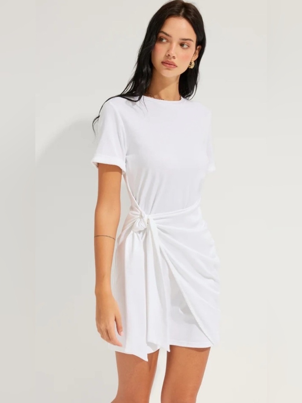 a new day White Faux Wrap Knot-Side T-Shirt Dress Size-Small Quiet Luxury